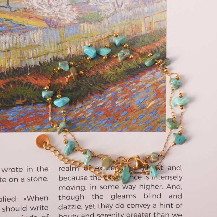 Boho-style turquoise green bracelet shown in a relaxed lifestyle setting