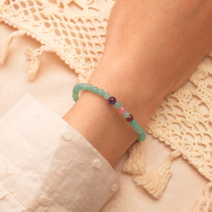 Wearing Amazonite, Amethyst, Rhodochrosite, and Garnet Charm Bracelet