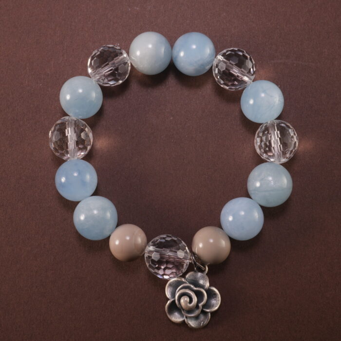 Aquamarine and Clear Quartz Bracelet with Oxidized Silver Flower Charm – Handmade Crystal Jewelry