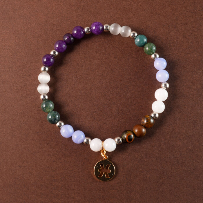 Pisces jewelry bracelet with tiger eye, chalcedony, blue banded agate and moss agate beads