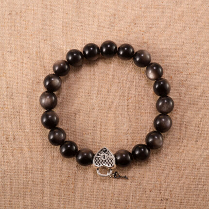 8mm silver obsidian bracelet with S925 silver clasp on a clean white background