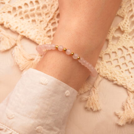 Wearing Rose Quartz Love Bracelet – Beaded Healing Crystal Jewelry