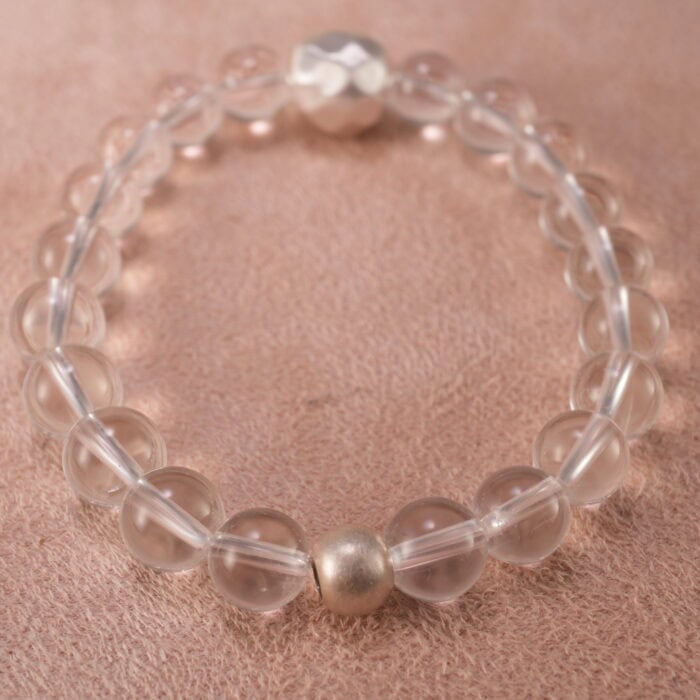 Close-up of transparent quartz beads with reflective clarity