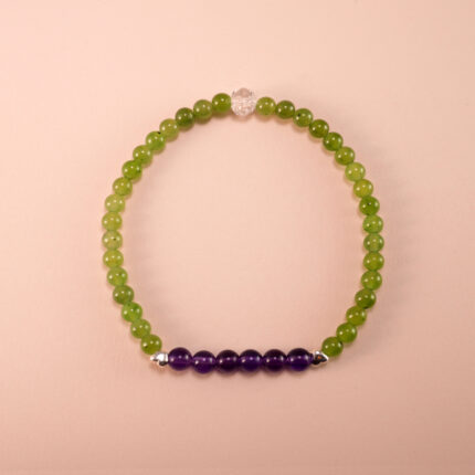 Handmade green chalcedony and amethyst bracelet on white background