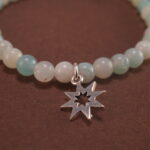 Close-up of amazonite bracelet with silver beads.