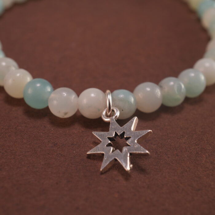 Close-up of amazonite bracelet with silver beads.