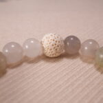 Macro shot of Green Chalcedony and White Chalcedony beads with visible natural inclusions.