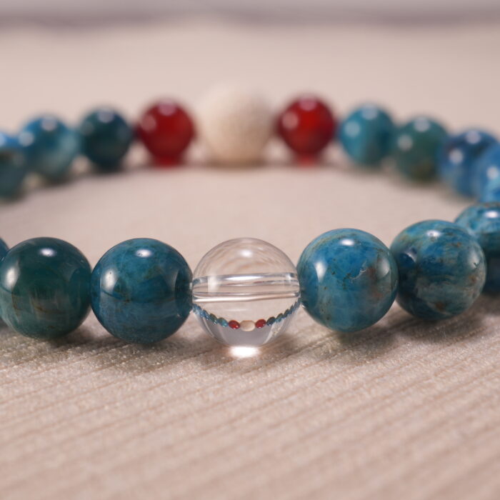 Macro shot showing the porous texture of Lava Stone and the translucent quality of Fluorite beads.