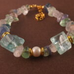 Detailed view of the Sagittarius bracelet highlighting the natural textures and subtle glow of fluorite, pearl, and aquamarine stones.