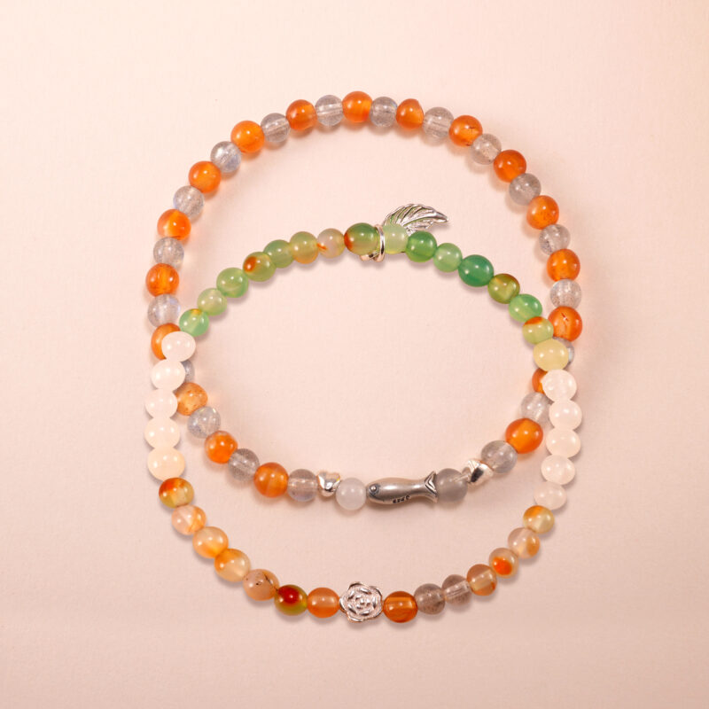 Main image of stacked orange, gray, and yellow-green gemstone bracelets.